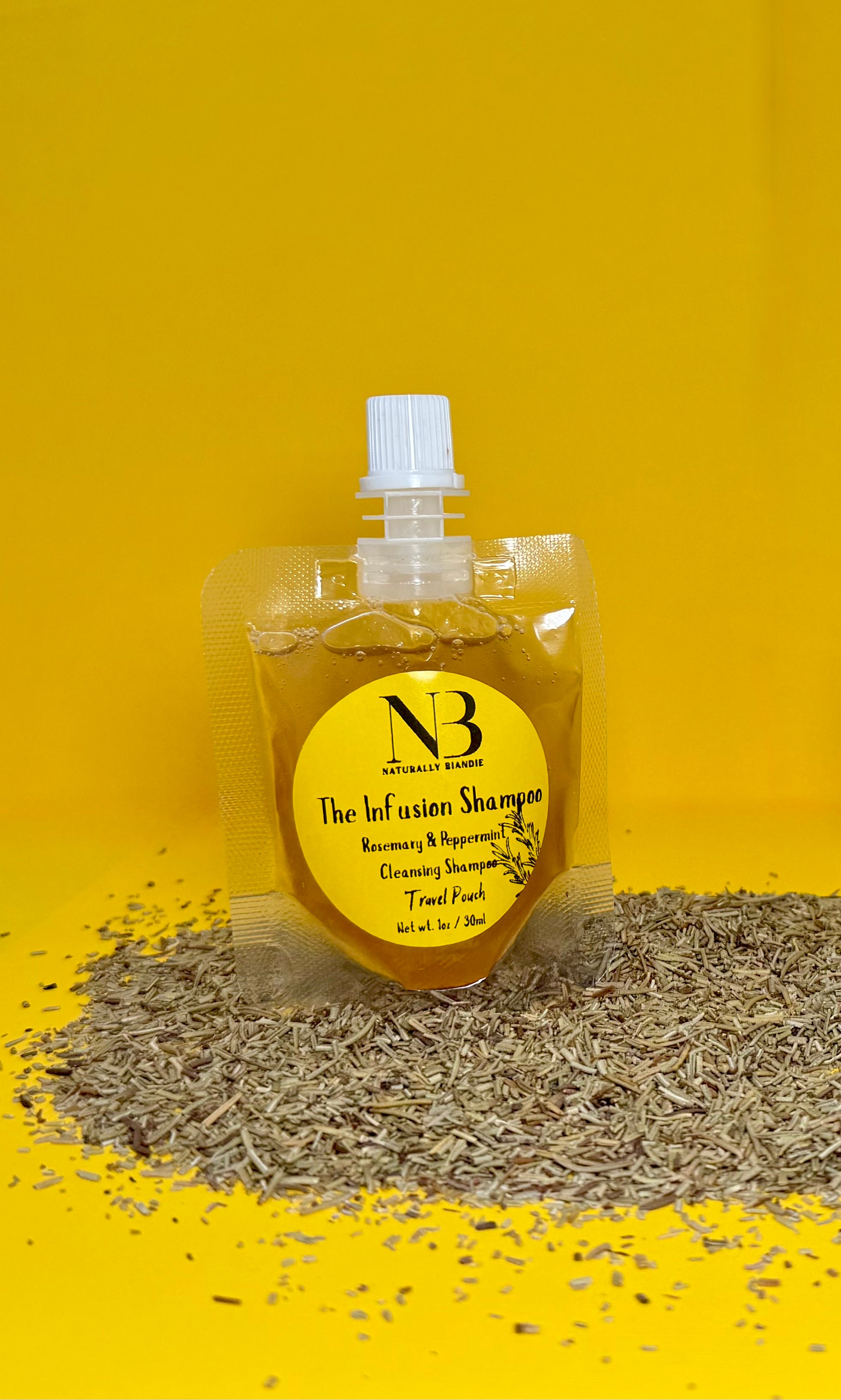 Shampoo bottle with NB label on a yellow background