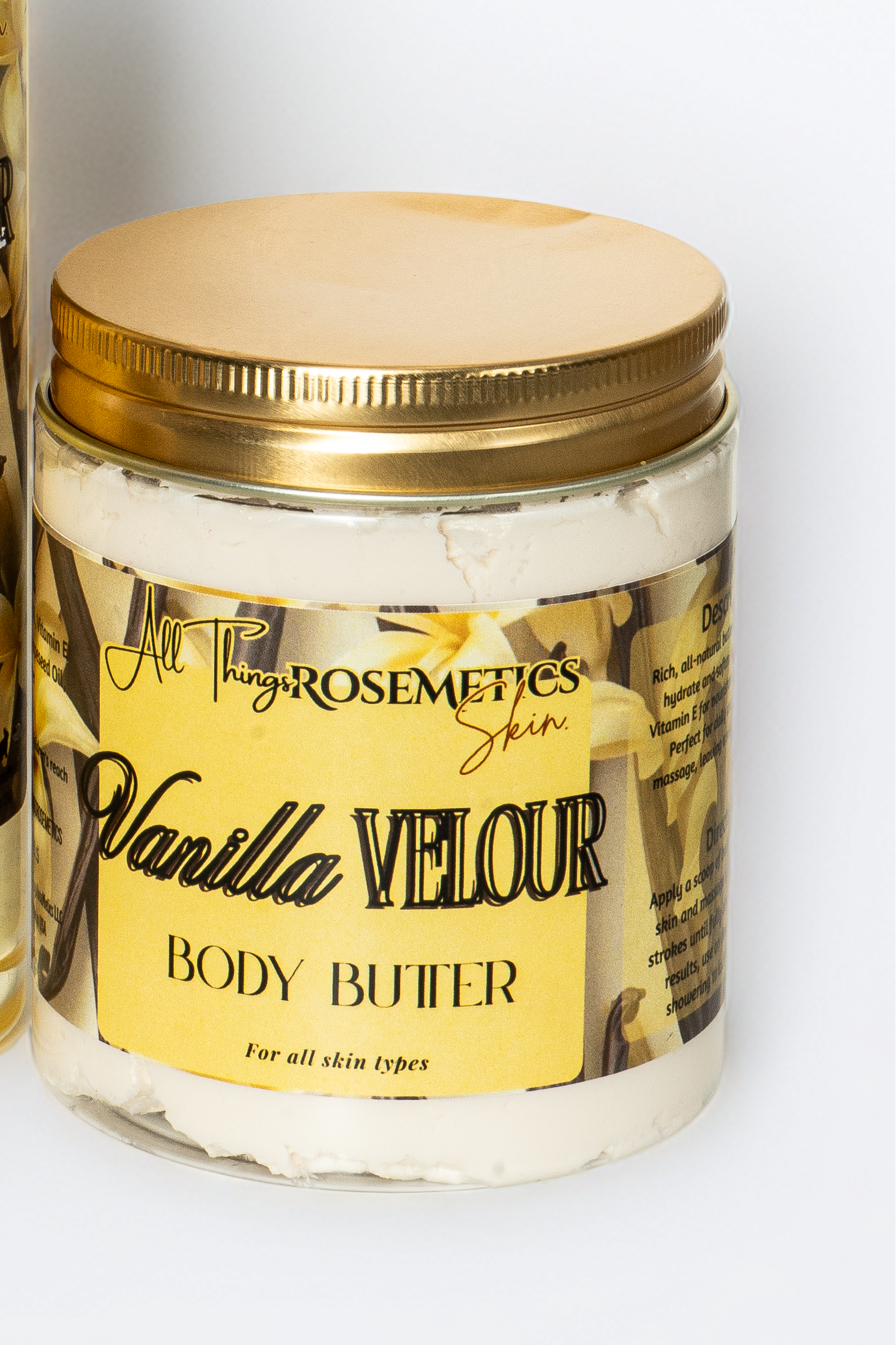 Vanilla Velour body product in a jars on a white background