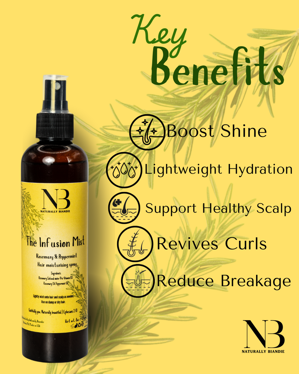 Hair care product with key benefits listed on a yellow background