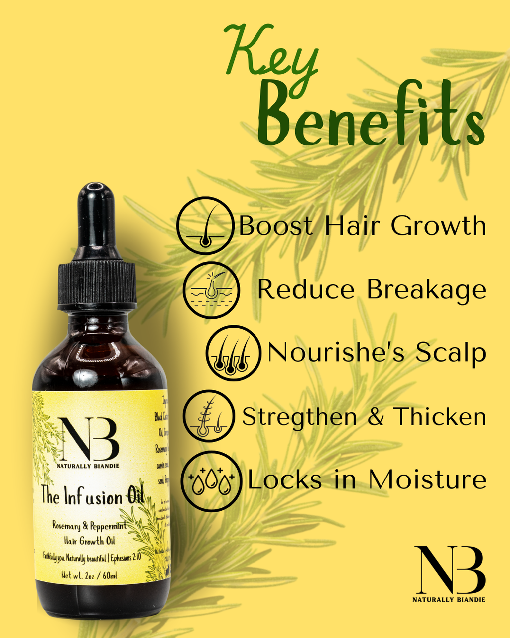 Hair growth oil bottle with key benefits on a yellow background